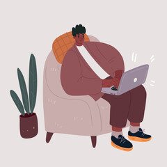 Vector illustration of young black man works on a laptop on an armchair at home office. Work from home concept. Freelance.
