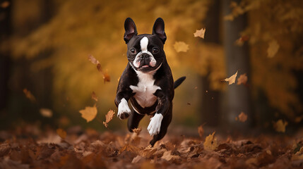 Boston terrier pulando entre as folhas de outono
