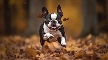 Boston terrier pulando entre as folhas de outono - obrazy, fototapety, plakaty
