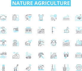 Nature agriculture linear icons set. Soil, Seeds, Harvest, Fertilizers, Irrigation, Cultivation, Livestock line vector and concept signs. Organic,Pesticides,Gardening outline illustrations