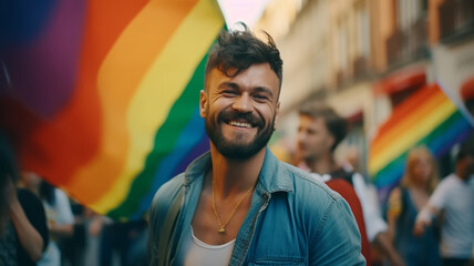 Happy smiling young gay man celebrating pride month. LGBTQ community, support, gay pride month. Generative AI - obrazy, fototapety, plakaty