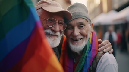 Happy smiling two older gay couple, celebrating pride month. LGBTQ community, support, gay pride month. Generative AI - obrazy, fototapety, plakaty