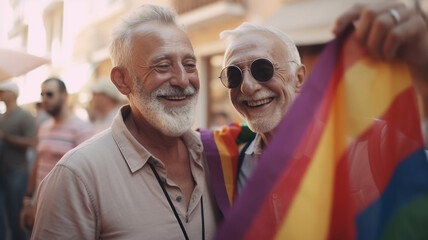 Happy smiling two older gay couple, celebrating pride month. LGBTQ community, support, gay pride month. Generative AI