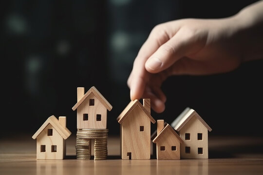 M&atilde;o de neg&oacute;cios segurando em casa com comprar ou alugar, copie o espa&ccedil;o. Investimento imobili&aacute;rio e conceito financeiro de hipoteca de casa, m&atilde;o colocando pilha de moedas de dinheiro com casa de madei