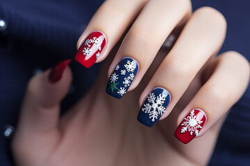 Christmas nail art manicure. Winter holiday style bright manicure design - obrazy, fototapety, plakaty