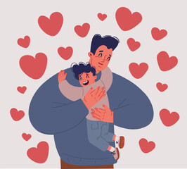 Vector illustration of Loving Dad Hugging his Little Son with Tenderness, Fatherhood Concept