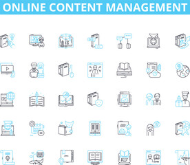 Online content management linear icons set. Publishing, Editing, Writing, Optimization, Analytics, Layout, Design line vector and concept signs. Workflow,Syndication,Collaboration outline