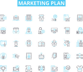 Marketing plan linear icons set. Strategy, Objectives, SWOT, Segmentation, Differentiation, Positioning, Branding line vector and concept signs. Targeting,Promotion,Advertising outline illustrations