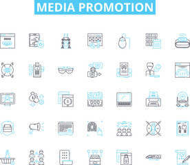 Media promotion linear icons set. Advertising, Broadcast, Publicity, Marketing, Outreach, Promotions, Exposure line vector and concept signs. Awareness,Campaigns,Communications outline illustrations