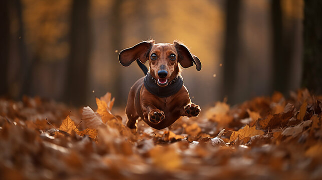 Dachshund cachorro pulando no parque em outono 