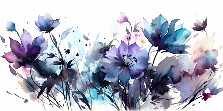 watercolor floral painting blue flowers Generative AI