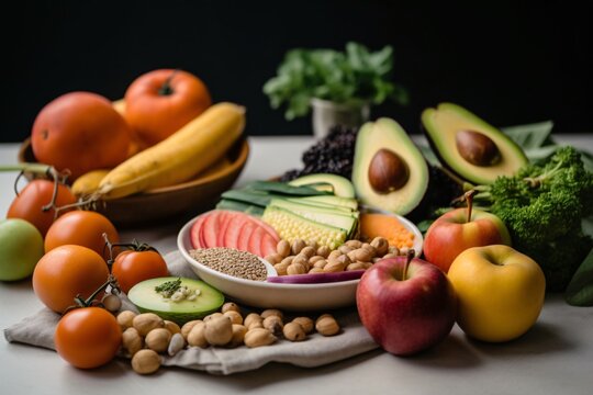 Picture of health, organic food. Fruits including avocado arranged beautifully on plate or in bowl. Generative Ai.