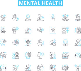 Mental health linear icons set. Anxiety, Depression, Bipolar, Schizophrenia, Trauma, Phobia, Obsession line vector and concept signs. Compulsion,Addiction,Panic outline illustrations