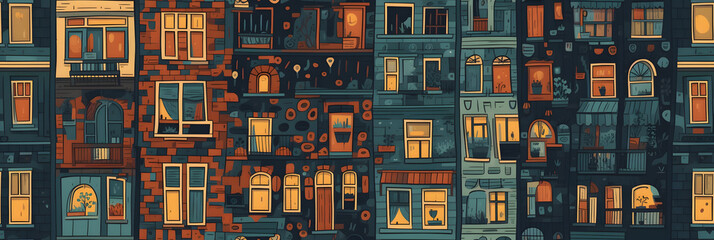 Netherlands houses set. Seamless pattern. Doodle background. Wrapping with amsterdam houses, urban style design. Amsterdam panorama backdrop. Wallpaper, good for printing. Generative ai.