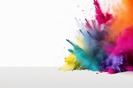 Borda do quadro com espa&ccedil;o de c&oacute;pia de arco-&iacute;ris colorido holi pintura cor explos&atilde;o em p&oacute; isolado fundo branco