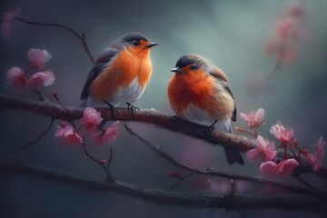 Fototapeta premium Couple of romantic budgies birds on a branch. Love concept. Generative AI