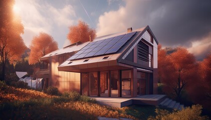 Fototapeta na wymiar Modern house with solar panels on the roof. Sustainable and clean energy at home. Generative AI