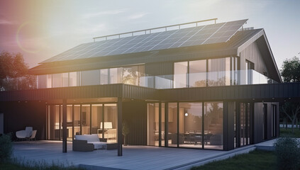 Obraz premium Modern house with solar panels on the roof. Sustainable and clean energy at home. Generative AI