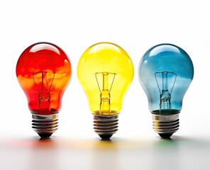 Colored light bulbs on a light background. Bright ideas concept. Generative AI