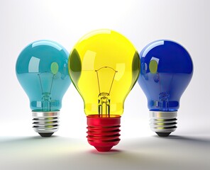 Colored light bulbs on a light background. Bright ideas concept. Generative AI