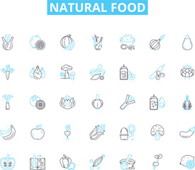 Natural food linear icons set. Organic, Whole, Fresh, Non-GMO, Sustainable, Locally-sourced, Grass-fed line vector and concept signs. Pasture-raised,Clean,Raw outline illustrations