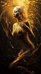 Bela sereia  dourada brilhante de corpo inteiro nadando consciência subaquática conectada ao sol 