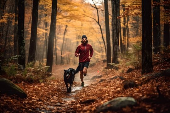Trail Run: advertising photo A man and his dog running through a forest trail during fall season. Generative Ai.