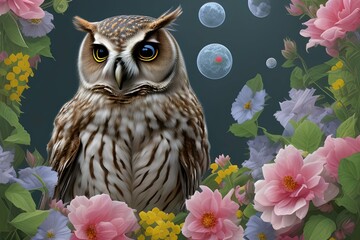 Drawing of an owl among flowers Owl Symbolism - generative ai