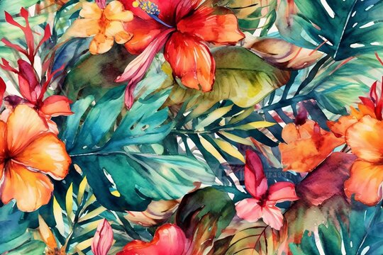 Palm leaves, tropical flowers orchid, hibiscus on background, watercolor botanical. Seamless patterns. Generative Ai.