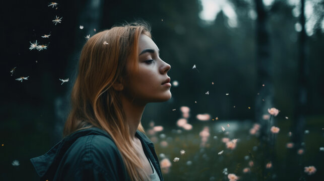 Frau mit langen Haaren in der Natur mit Wald Hintergrund  mit fliegenden Blütenpollen - Bild zu Allergie und Heuschnupfen mit Platz für Text