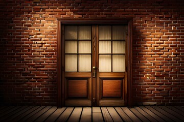 vintage door against red brick wall with lights and shadow