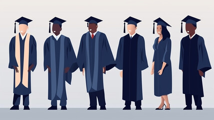 Graduados de diferentes etnias em manto azul escuro e boné quadrado acadêmico. Cerimônia de formatura. ilustração vetorial