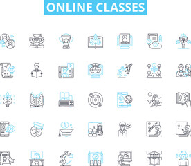 Online classes linear icons set. Virtual, Remote, Digital, E-learning, Web-based, Teleconferencing, Cyberlearning line vector and concept signs. Internet-based,Distance,Webinars outline illustrations