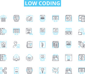 Low coding linear icons set. Simplify, Efficiency, Intuitive, Agile, Rapid, Streamline, Productivity line vector and concept signs. Automate,Scalable,Flexibility outline illustrations