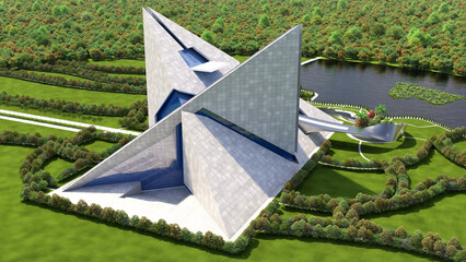 Aerial view illustration of futuristic architecture with interlocked pyramidal concrete structures.