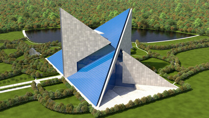 Aerial view illustration of futuristic architecture with interlocked triangular structures of concrete and glass.