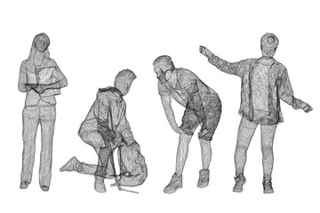 people standing and sitting set in wire frame , woman and men, 3d rendering
