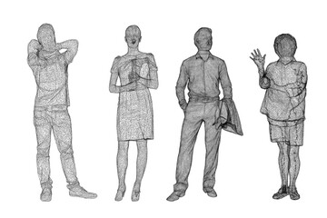 Fototapeta na wymiar people standing set in wire frame , woman and men, 3d rendering