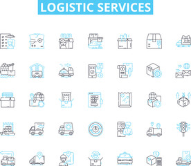 Logistic services linear icons set. Warehousing, Transportation, Supply Chain, Distribution, Logistics, Freight, Inventory line vector and concept signs. Shipping,Consolidation,Route outline