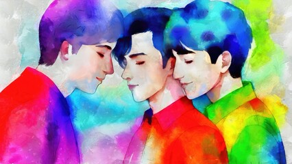 Illustration of a group of young lgbt in love or friends people. Multicolored background. Rainbow colors. LGBTQ+ pride