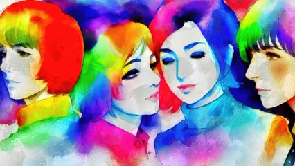 Illustration of a group of young lgbt in love or friends people. Multicolored background. Rainbow colors. LGBTQ+ pride