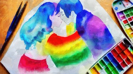 Group of young lgbt people in love. Digital painting. Illustration. Rainbow colors. Pride