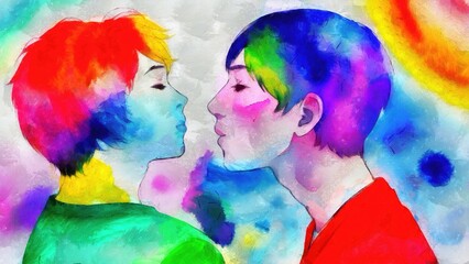 Group of young lgbt people in love. Digital painting. Illustration. Rainbow colors. Pride