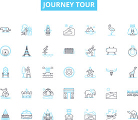 Journey tour linear icons set. Trek, Adventure, Expedition, Excursion, Odyssey, Safari, Jaunt line vector and concept signs. Voyage,Pilgrimage,Roaming outline illustrations