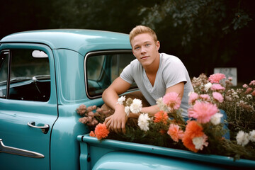 Attractive man sitting inside bed of vintage truck with flowers, generative ai