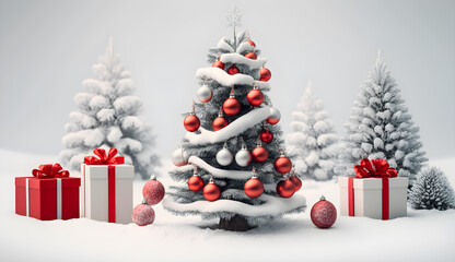 Fototapeta na wymiar christmas tree ornament in snow background with pile of gifts box generative ai