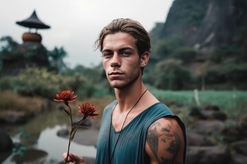 Man holding flower with mountain in background, generative ai