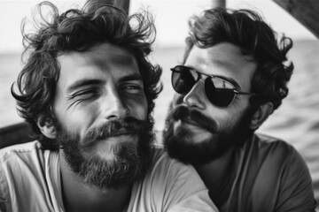 Gay male couple in loving embrace, generative ai