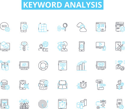 Keyword analysis linear icons set. Metrics, Research, Strategy, Rank, Competition, Optimization, Algorithm line vector and concept signs. Keywords,Traffic,Targeting outline illustrations