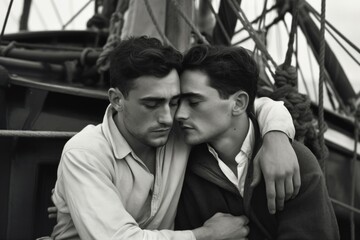 Gay male couple in loving embrace, generative ai